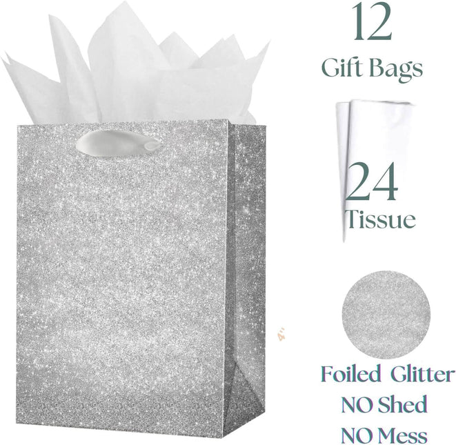 Posh Paper Gift Bags, Set of 12 Pcs Silver Glittered Bags and 24 Pcs White Tissue Paper