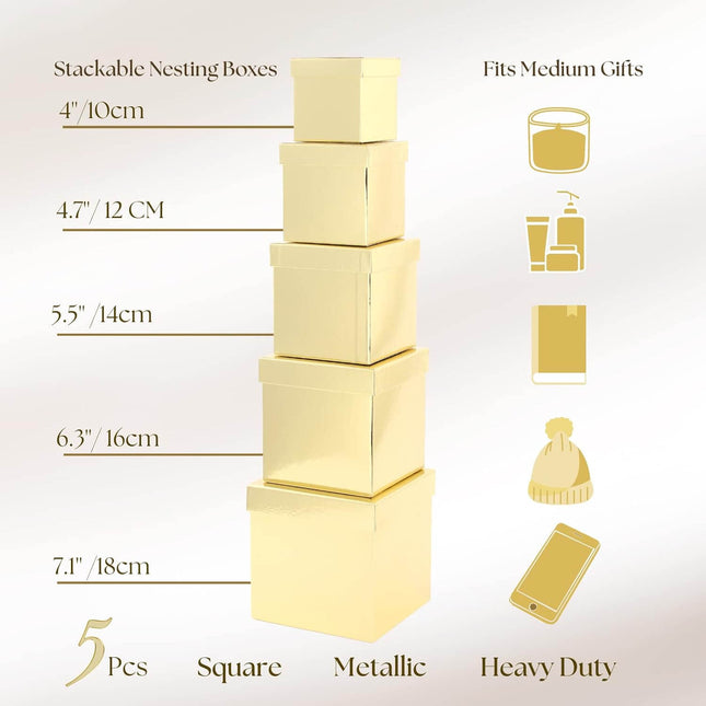Posh Paper Gift Boxes, Christmas Gift Boxes, Gold - Pack of 5
