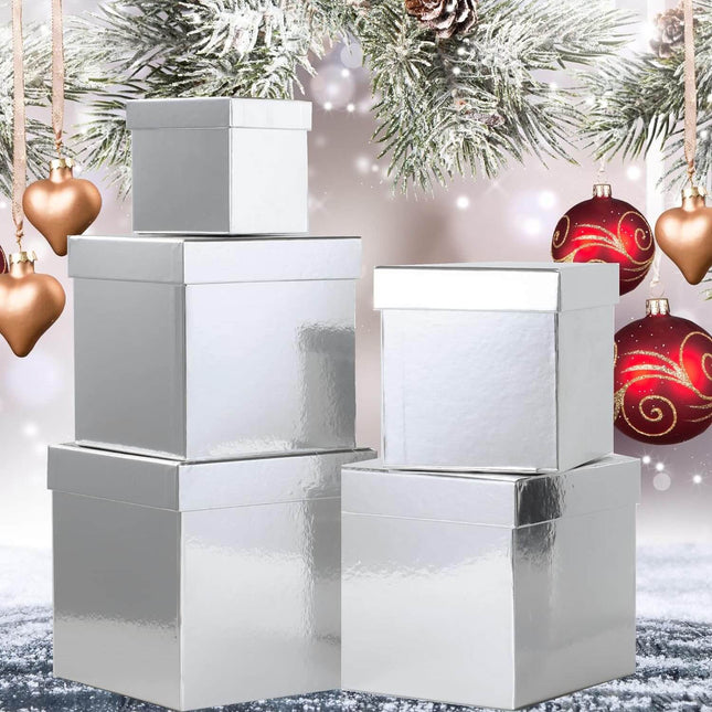 Posh Paper Gift Boxes, Christmas Gift Boxes, Silver - Pack of 5