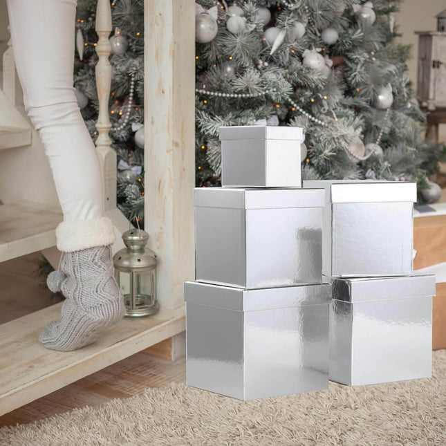 Posh Paper Gift Boxes, Christmas Gift Boxes, Silver - Pack of 5