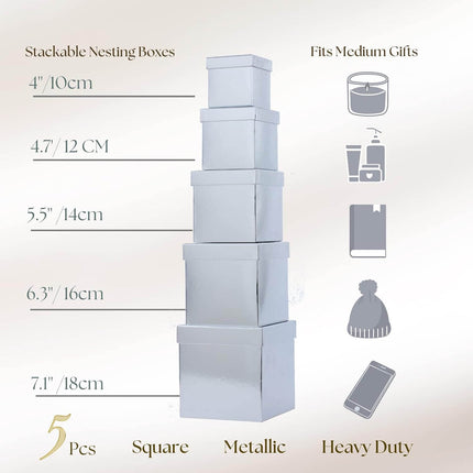 Posh Paper Gift Boxes, Christmas Gift Boxes, Silver - Pack of 5