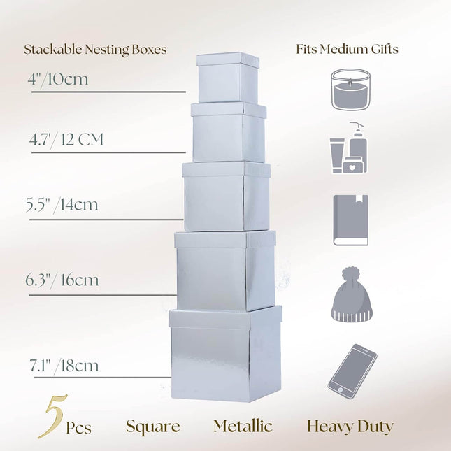 Posh Paper Gift Boxes, Christmas Gift Boxes, Silver - Pack of 5