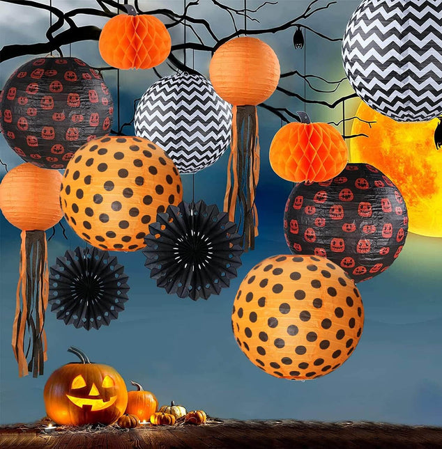 Halloween Decoration Pumpkin Honeycomb Paper Lantern Party Set, 12Pcs