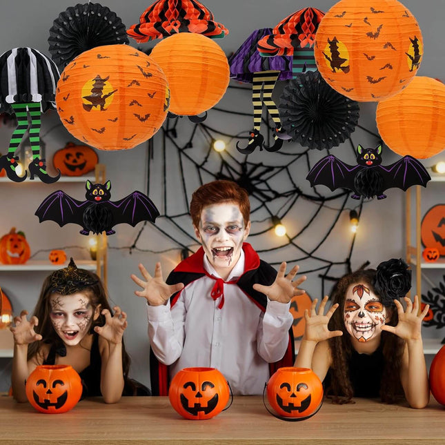 Halloween Decoration Pumpkin Paper Lantern and Magical Witch Party Set, 12Pcs