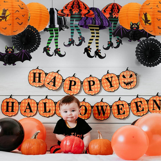 Halloween Decoration Pumpkin Paper Lantern and Magical Witch Party Set, 12Pcs
