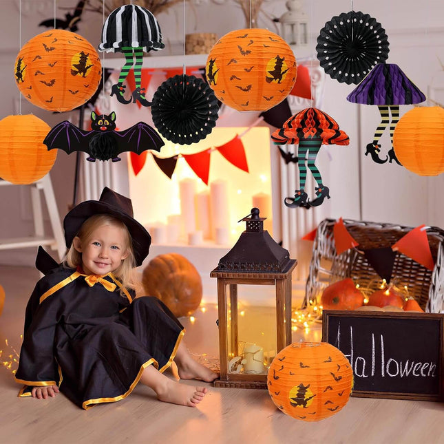 Halloween Decoration Pumpkin Paper Lantern and Magical Witch Party Set, 12Pcs