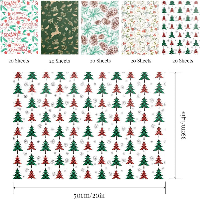Posh Paper Bulk Tissue Paper, 20" x 14", Pack of 100, Christmas Red Green