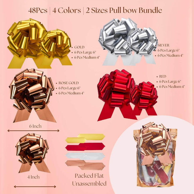 Posh Paper Ribbon Bows, Red Pink Gold Silver Gift Pull Bows, Pack of 48
