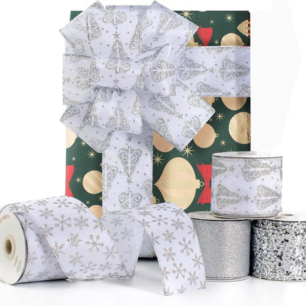 Posh Paper White Ribbons, Christmas Ribbons Wired, 2 1⁄2“ x  40 Yards