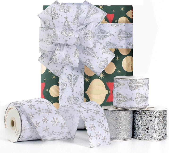 Posh Paper White Ribbons, Christmas Ribbons Wired, 2 1⁄2“ x  40 Yards