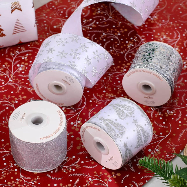 Posh Paper White Ribbons, Christmas Ribbons Wired, 2 1⁄2“ x  40 Yards