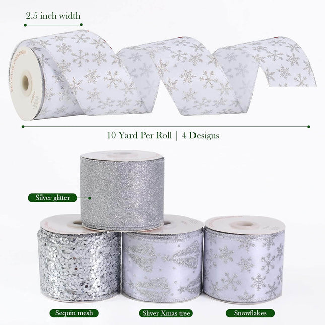Posh Paper White Ribbons, Christmas Ribbons Wired, 2 1⁄2“ x  40 Yards