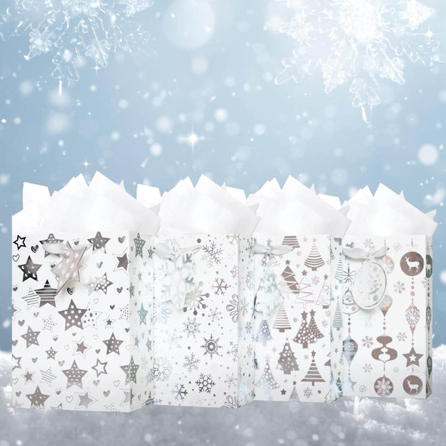 Posh Paper 9 1⁄4“ Christmas Gift Bags, Medium Size, Metallic Silver