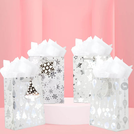 Posh Paper 9 1⁄4“ Christmas Gift Bags, Medium Size, Metallic Silver
