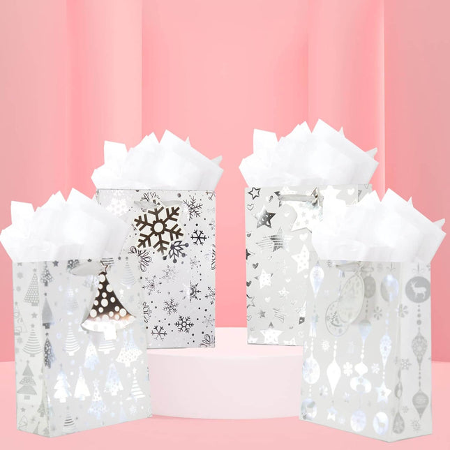 Posh Paper 9 1⁄4“ Christmas Gift Bags, Medium Size, Metallic Silver