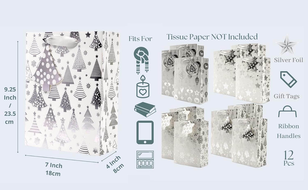 Posh Paper 9 1⁄4“ Christmas Gift Bags, Medium Size, Metallic Silver