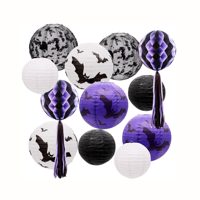 Purple Black Halloween Lantern Honeycomb Pompom Bat Lace Party Decor