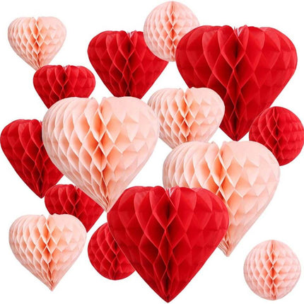 Red Blush Pink Party Decoration Pom Pom Heart & Ball Tissue Paper Honeycomb, Set of 16