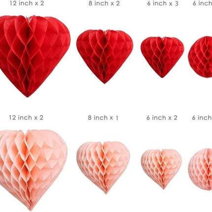 Red Blush Pink Party Decoration Pom Pom Heart & Ball Tissue Paper Honeycomb, Set of 16