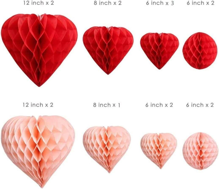 Red Blush Pink Party Decoration Pom Pom Heart & Ball Tissue Paper Honeycomb, Set of 16