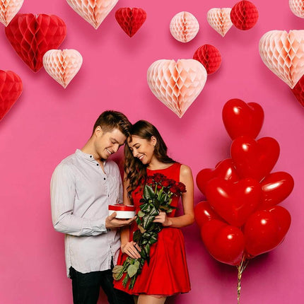 Red Blush Pink Party Decoration Pom Pom Heart & Ball Tissue Paper Honeycomb, Set of 16