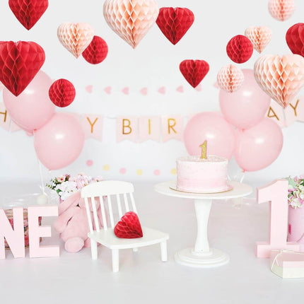 Red Blush Pink Party Decoration Pom Pom Heart & Ball Tissue Paper Honeycomb, Set of 16
