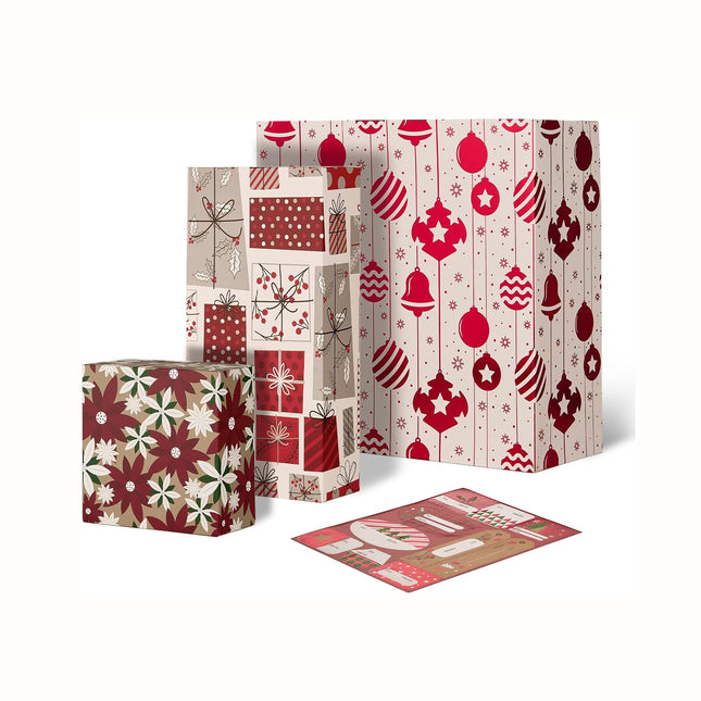 Red Foiled Christmas Soft Gift Boxes w/Stickers for Gift Wrapping, Pack of 12