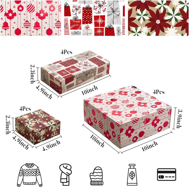 Red Foiled Christmas Soft Gift Boxes w/Stickers for Gift Wrapping, Pack of 12