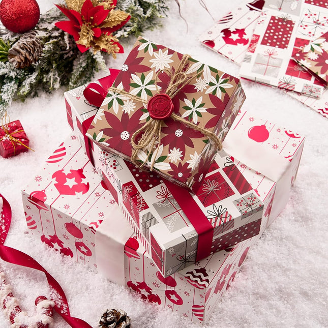 Red Foiled Christmas Soft Gift Boxes w/Stickers for Gift Wrapping, Pack of 12