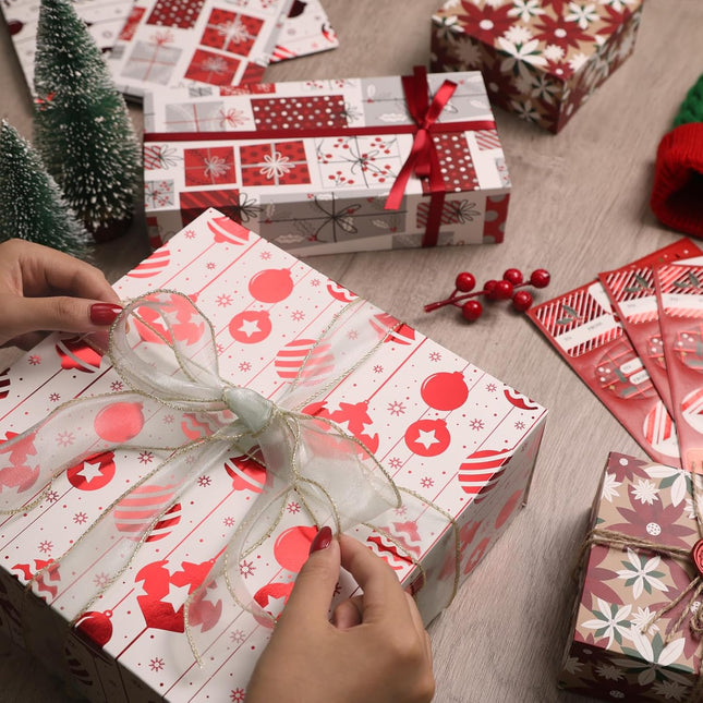 Red Foiled Christmas Soft Gift Boxes w/Stickers for Gift Wrapping, Pack of 12