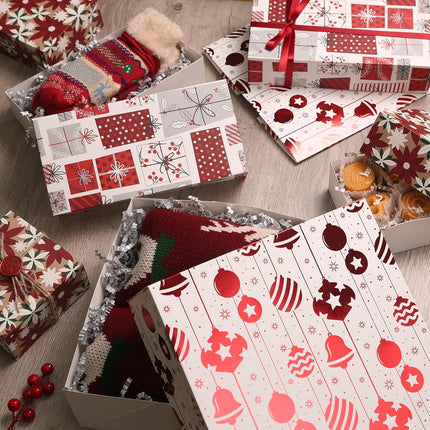 Red Foiled Christmas Soft Gift Boxes w/Stickers for Gift Wrapping, Pack of 12