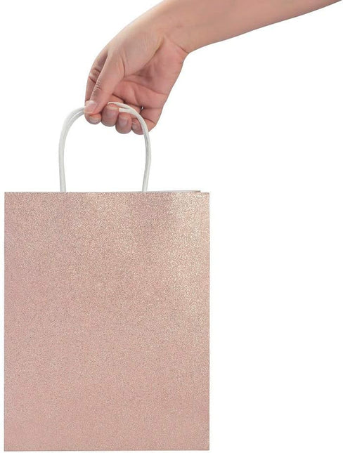 Rose Gold Glitter Gift Bags Bulk W/ White Tissue Paper, Pack of 12