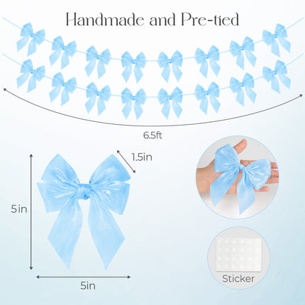 FLAIR GIFTS 2-String 6.5ft Blue Bows Garland Banner, 16 Pcs Pre-Strung Bows Party Decorations for Baby Shower, Birthday, Bridal Shower, Bachelorette Party, Tea Party Supplies
