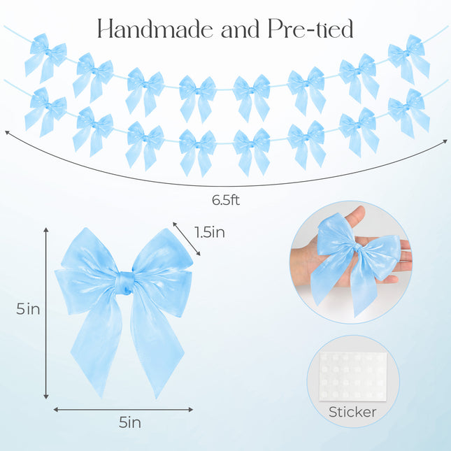 FLAIR GIFTS 2-String 6.5ft Blue Bows Garland Banner, 16 Pcs Pre-Strung Bows Party Decorations for Baby Shower, Birthday, Bridal Shower, Bachelorette Party, Tea Party Supplies