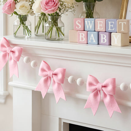 Flair Gifts 2-Pack 8ft Pink Bow Felt Garland, Coquette Room Decor, Pre-Strung Soft Banner for Baby Shower, Girls Birthday Party, Nursery Wall Decoration, Shabby Chic Wedding & Bridal Shower Bunting