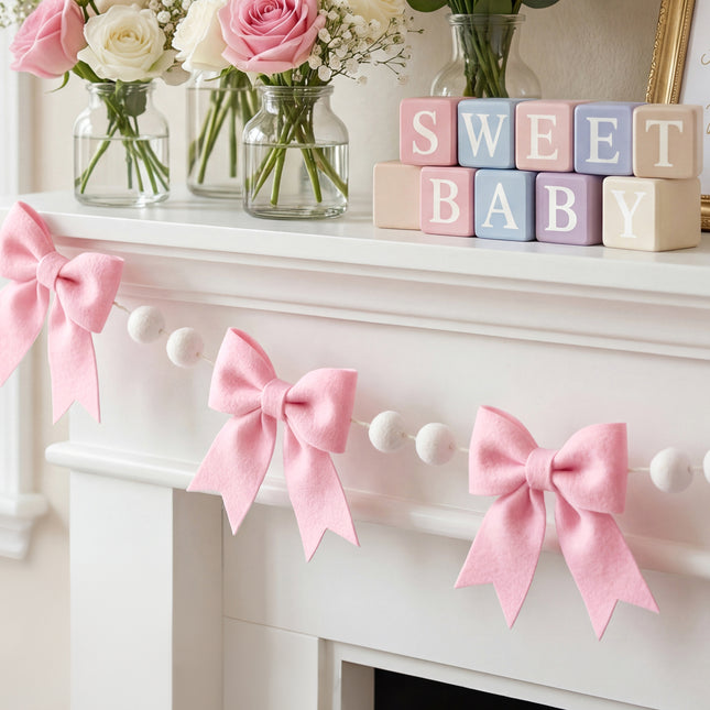 Flair Gifts 2-Pack 8ft Pink Bow Felt Garland, Coquette Room Decor, Pre-Strung Soft Banner for Baby Shower, Girls Birthday Party, Nursery Wall Decoration, Shabby Chic Wedding & Bridal Shower Bunting