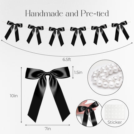 FLAIR GIFTS 2 Strings Black Bow Garland Banner, 6.5ft Pearl Chain Pre-Strung Satin Ribbon for Halloween Gothic Decor, Death to My 20s Birthday, Bachelorette, Black Tie Party & Modern Wedding Backdrop