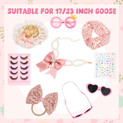 FLAIR GIFTS Porch Goose Statue 8pc Accessory Combination Set, Pink Goose Accessories Kit with Glasses Bow Hat Necklace Stickers for 23 Inch Goose, Cute Girl Style Yard Decor (Pink Girl 8PC)