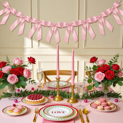 FLAIR GIFTS 2 Strings Pink Bow Garland Banner, Pre-Strung Satin Ribbon with 6.5ft Pearl Chain for Coquette Birthday, Bridal Shower, Party, Baby Shower, Engagement, Graduation & Anniversary Decor