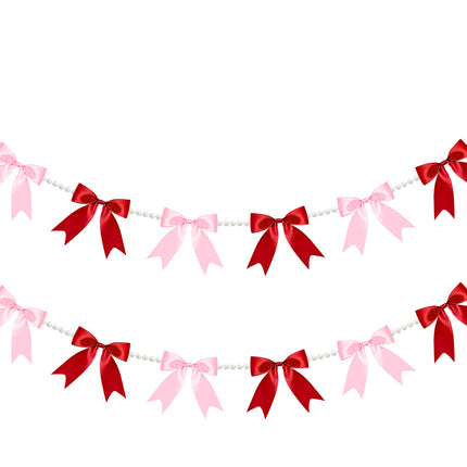 FLAIR GIFTS 2 Strings Red & Pink Bow Garland Banner, Pre-Strung Satin Ribbon with 6.5ft Pearl Chain for Bridal Shower, Bachelorette Party, Birthday, Baby Shower, Engagement, Anniversary Decor