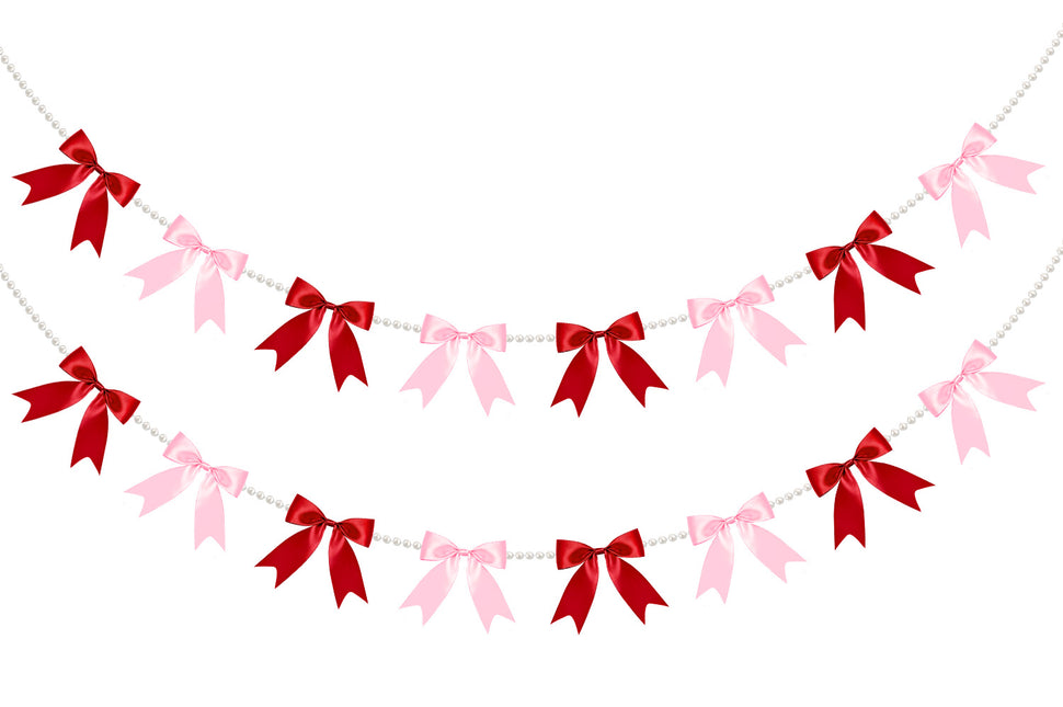 FLAIR GIFTS 2 Strings Red & Pink Bow Garland Banner, Pre-Strung Satin Ribbon with 6.5ft Pearl Chain for Bridal Shower, Bachelorette Party, Birthday, Baby Shower, Engagement, Anniversary Decor