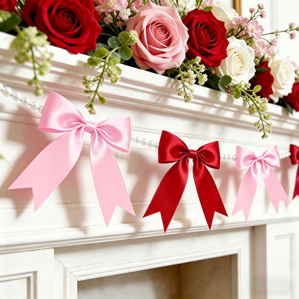 FLAIR GIFTS 2 Strings Red & Pink Bow Garland Banner, Pre-Strung Satin Ribbon with 6.5ft Pearl Chain for Bridal Shower, Bachelorette Party, Birthday, Baby Shower, Engagement, Anniversary Decor