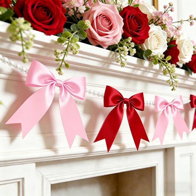 FLAIR GIFTS 2 Strings Red & Pink Bow Garland Banner, Pre-Strung Satin Ribbon with 6.5ft Pearl Chain for Bridal Shower, Bachelorette Party, Birthday, Baby Shower, Engagement, Anniversary Decor