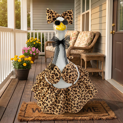 FLAIR GIFTS Porch Goose Robe Outfit Set for 23 Inch Goose Statue, Leopard Flannel Bathrobe with Wig Curlers Coffee Cup Donut Glasses, Funny Cozy Goose Clothes Decor (Leopard)
