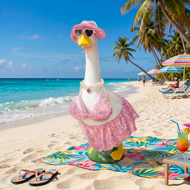 FLAIR GIFTS Pink Bikini Goose Clothes Set with Sunglasses Necklace Hat, Pink Sequin Swimming Suits Porch Goose Outfits for 23 Inch Goose Statue, Summer Pool Party Garden Decor (Pink)