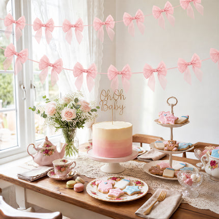 FLAIR GIFTS 1-String 6.5ft Pink Bows Garland Banner, 6 Pcs Pre-Strung Bow Party Decorations for Coquette Birthday, Bachelorette Party, Girly Pink Party Supplies, Baby Shower, Bridal Shower