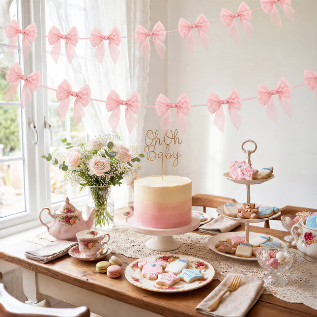 FLAIR GIFTS 2-String 6.5ft Pink Bows Garland Banner, 16 Pcs Pre-Strung Bow Party Decorations for Coquette Birthday, Bachelorette Party, Girly Pink Party Supplies, Baby Shower, Bridal Shower