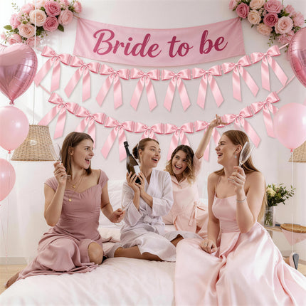 FLAIR GIFTS 2 Strings Pink Bow Garland Banner, Pre-Strung Satin Ribbon with 6.5ft Pearl Chain for Coquette Birthday, Bridal Shower, Party, Baby Shower, Engagement, Graduation & Anniversary Decor