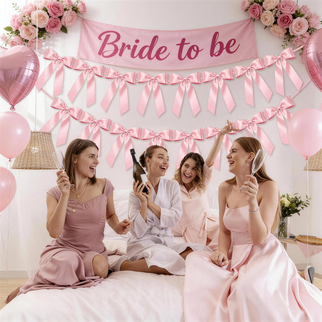 FLAIR GIFTS 2 Strings Pink Bow Garland Banner, Pre-Strung Satin Ribbon with 6.5ft Pearl Chain for Coquette Birthday, Bridal Shower, Party, Baby Shower, Engagement, Graduation & Anniversary Decor