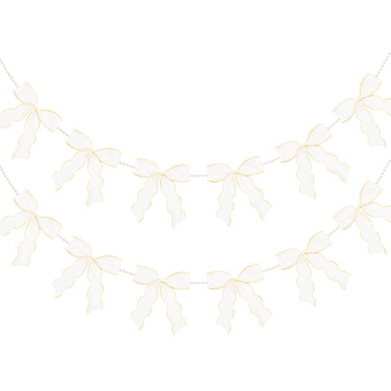 FLAIR GIFTS 2 Strings White Bow Garland Banner, Pre-Strung Fish-Tail Organza Ribbon with 6.5ft Pearl Chain for Bridal Shower, Wedding, Engagement, Birthday, Tea Party, Baby Shower, Anniversary Decor